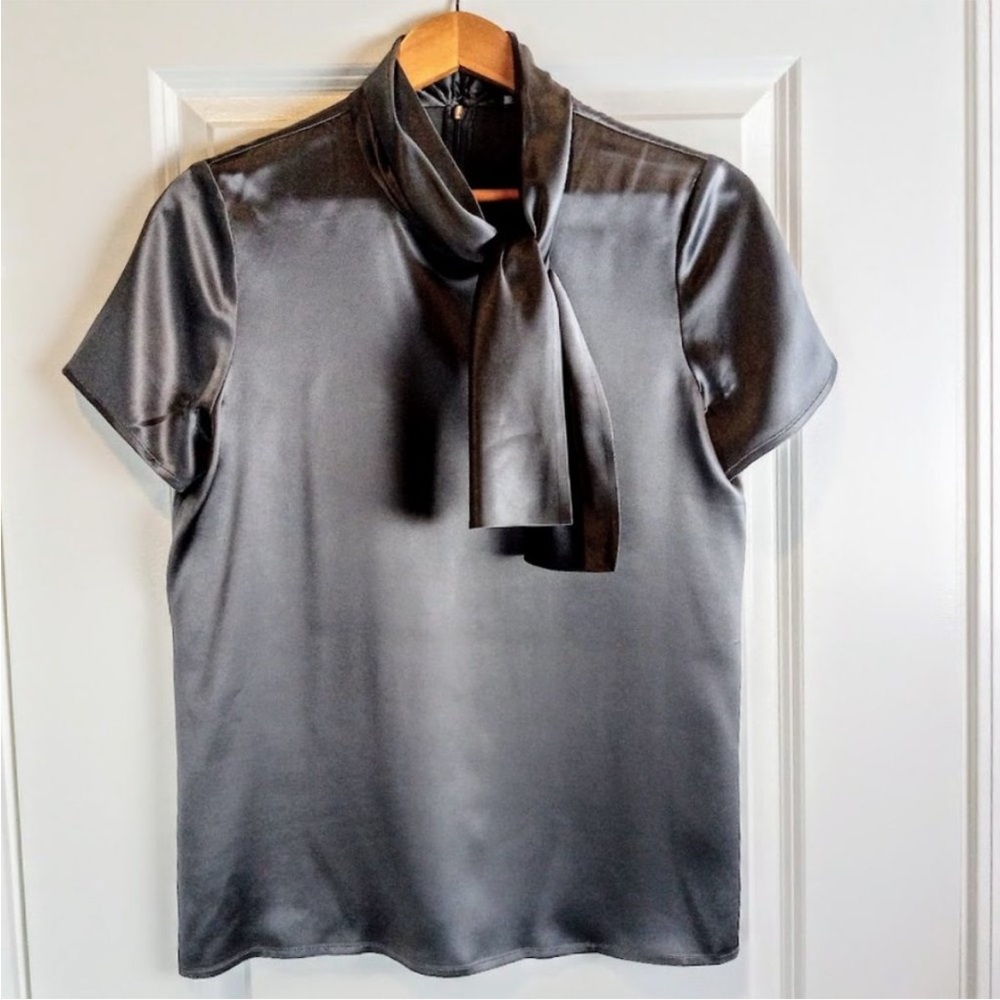 Theory Gray Silk Charmeuse Tie Neck Blouse Size Small